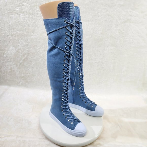 Knee High Canvas Sneakers with Rhinestone Laces - Picture 3 of 11